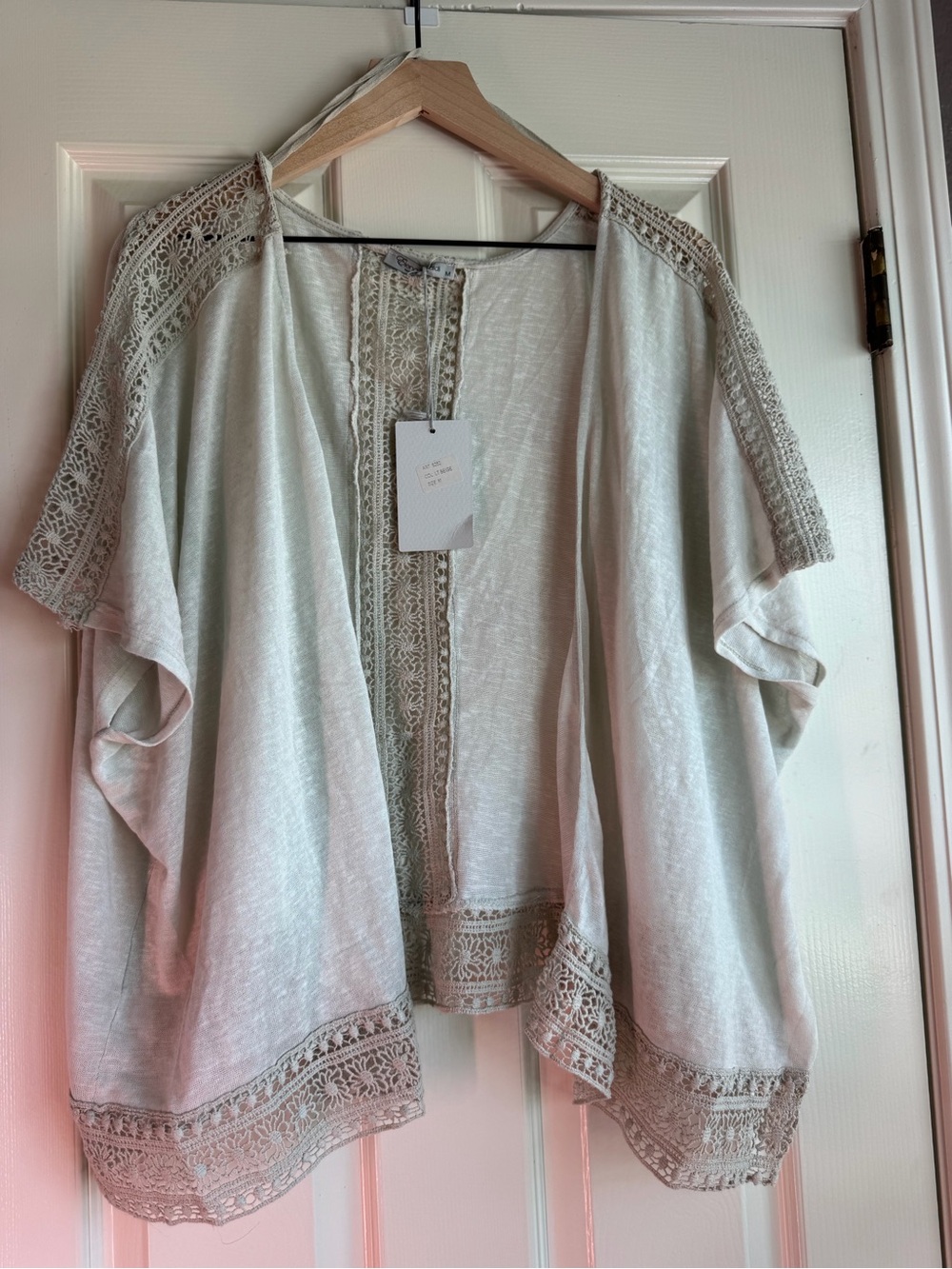 Light Beige Crochet-Trim Open Cardigan